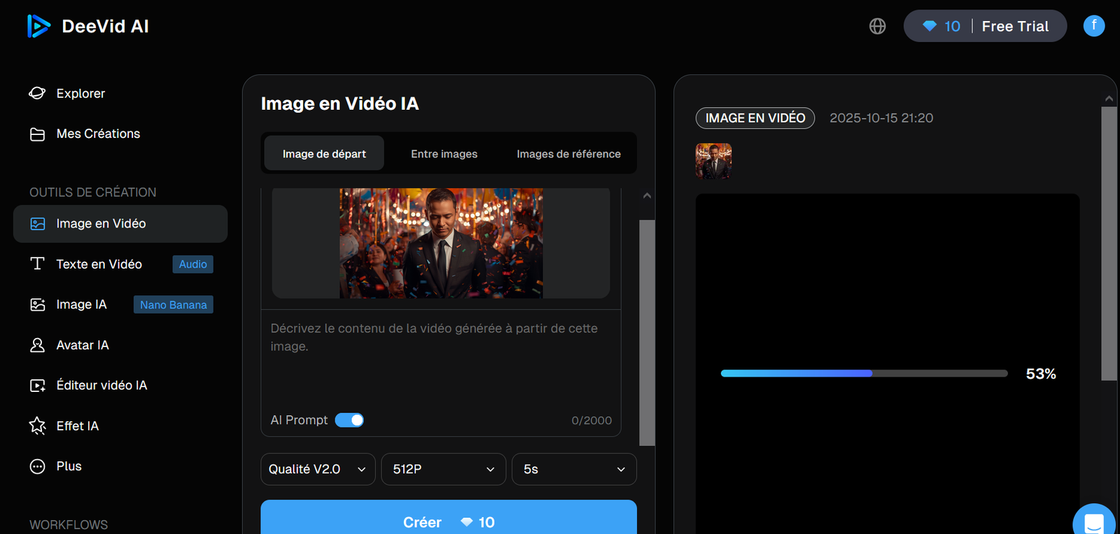 Deevid AI interface génération vidéo gratuit