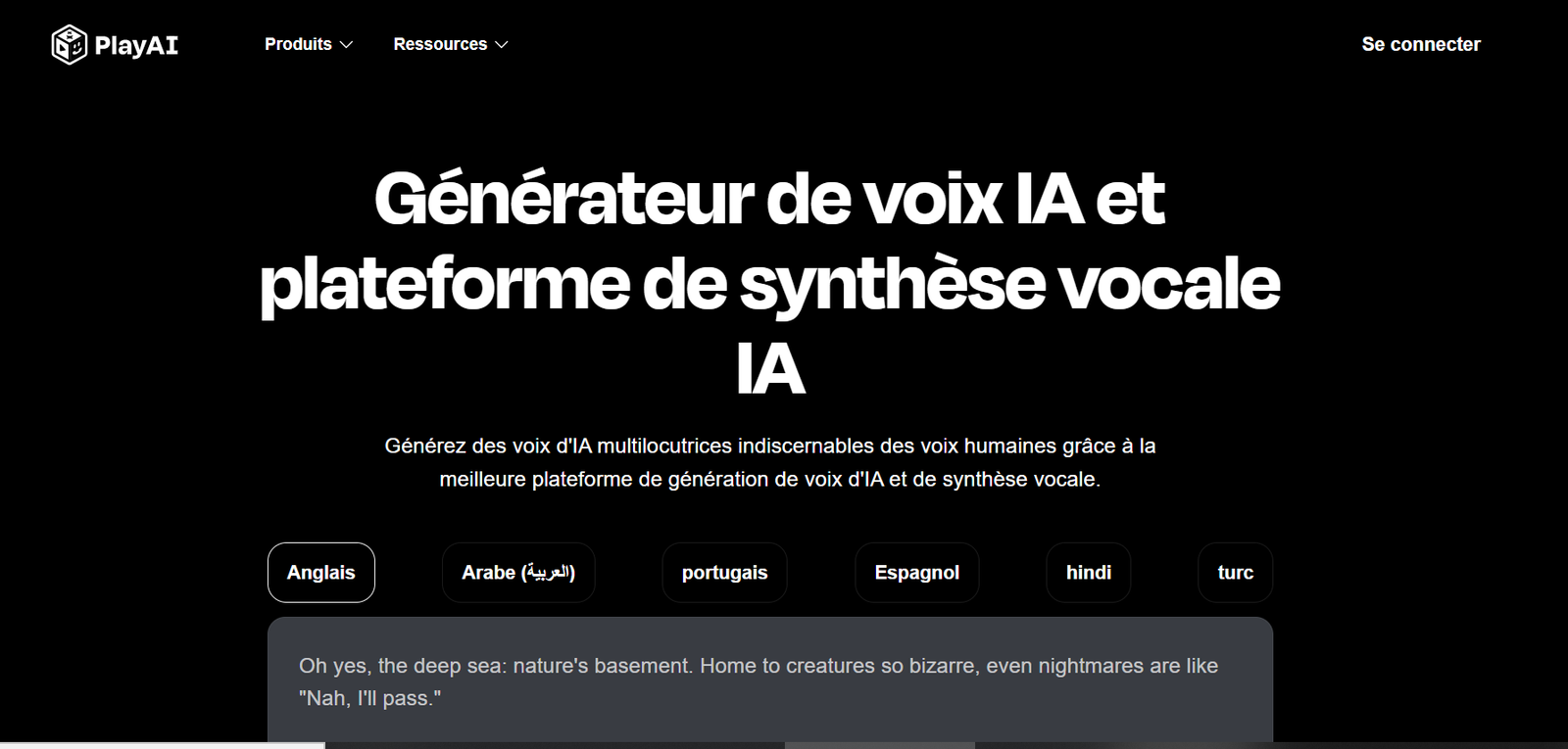 PlayAI homepage (Play.ht), generator of the AI Voice multilingual