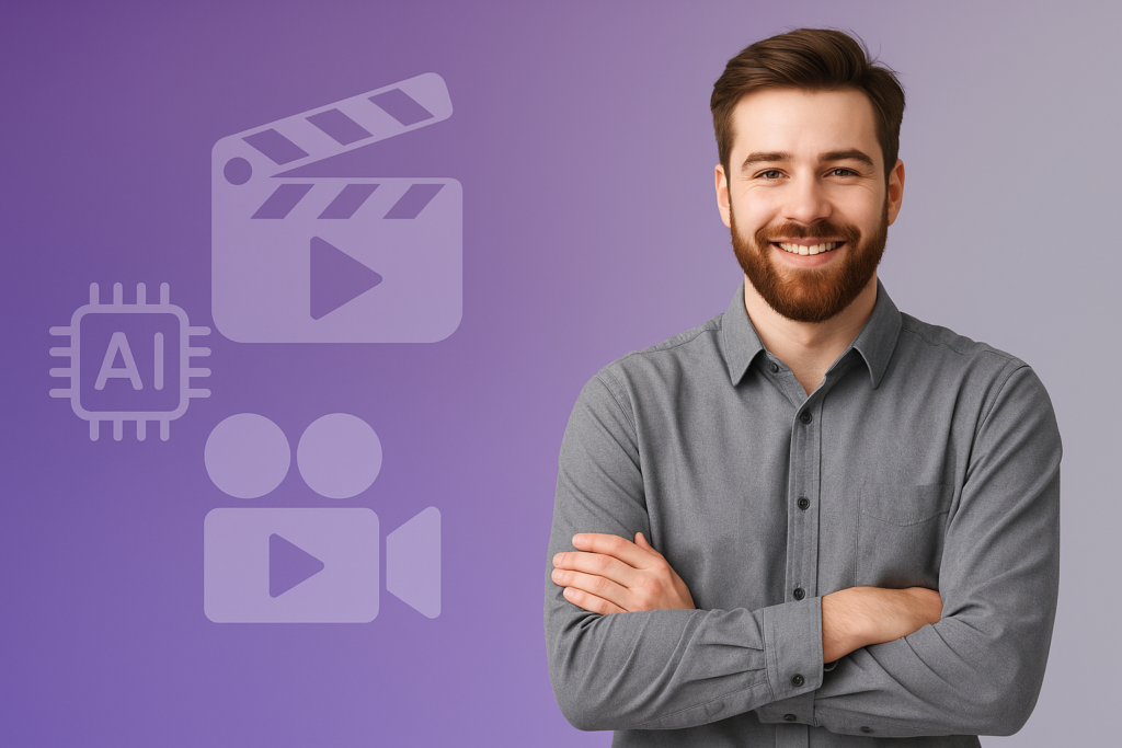 Créateur travaillant sur un ordinateur avec des éléments visuels d’intelligence artificielle et d’outils vidéo, dans un style moderne bleu et violet.