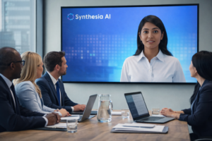 Équipe professionnelle utilisant Synthesia AI pour créer une vidéo d’entreprise avec avatar IA réaliste
