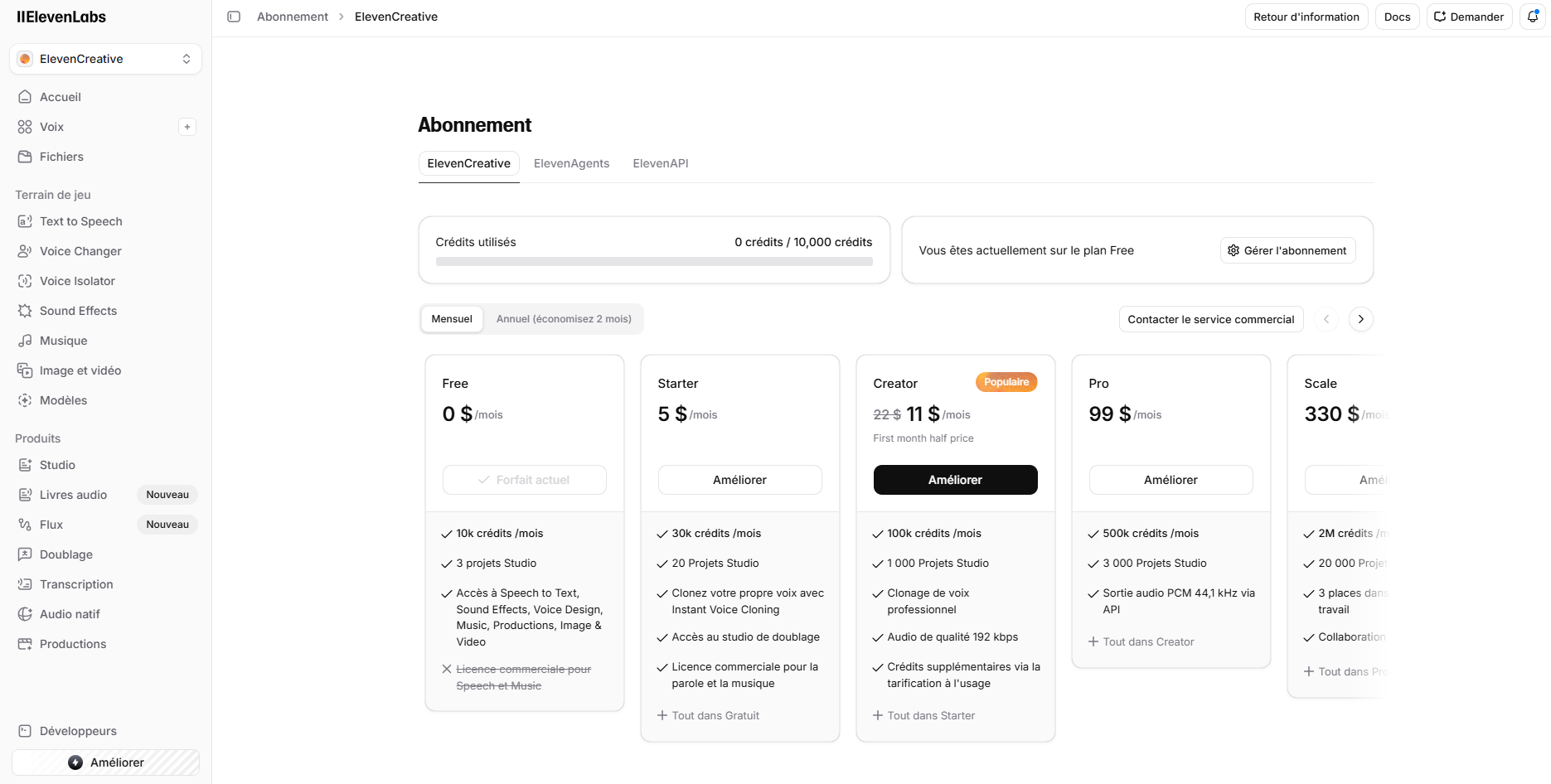 ElevenLabs, interface voice cloning et synthèse vocale française
