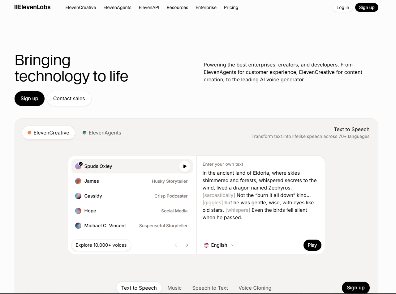 Interface Text-to-Speech d'ElevenLabs — génération de voix IA