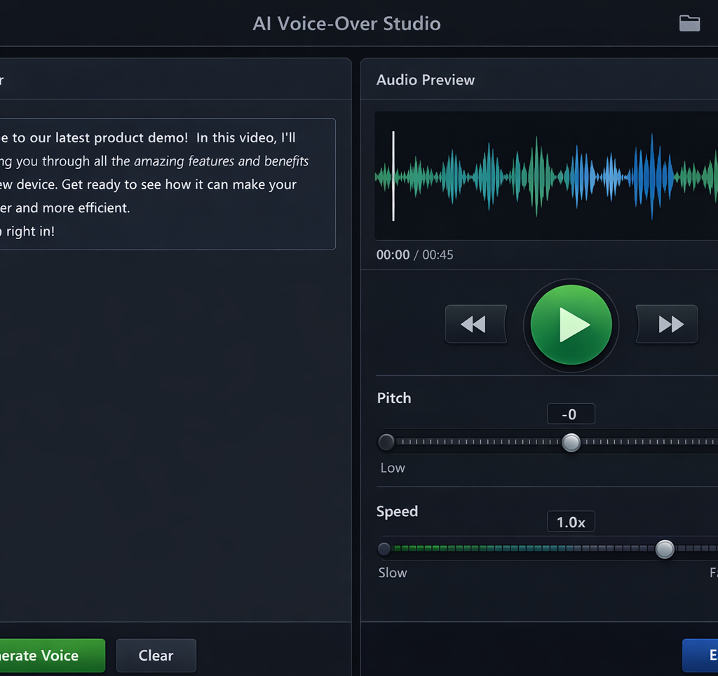 Interface de studio de voix off IA — sélection de voix et contrôles audio