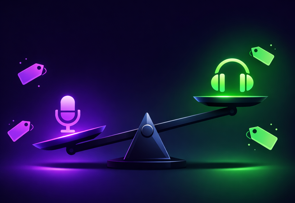 Illustration de tarifs et plans de voix IA — balance de prix avec icônes audio