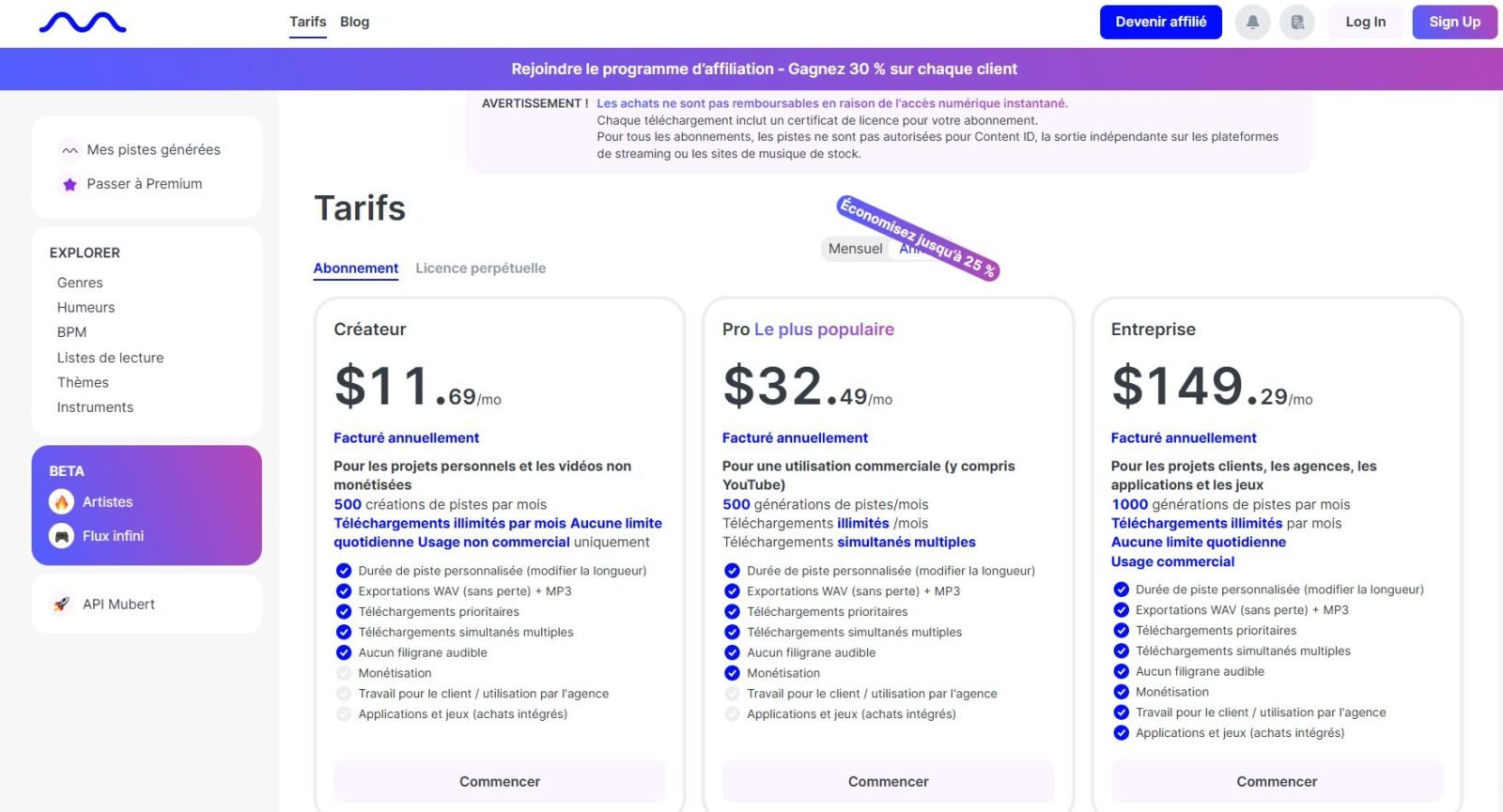 Tarifs et plans Mubert AI 2026