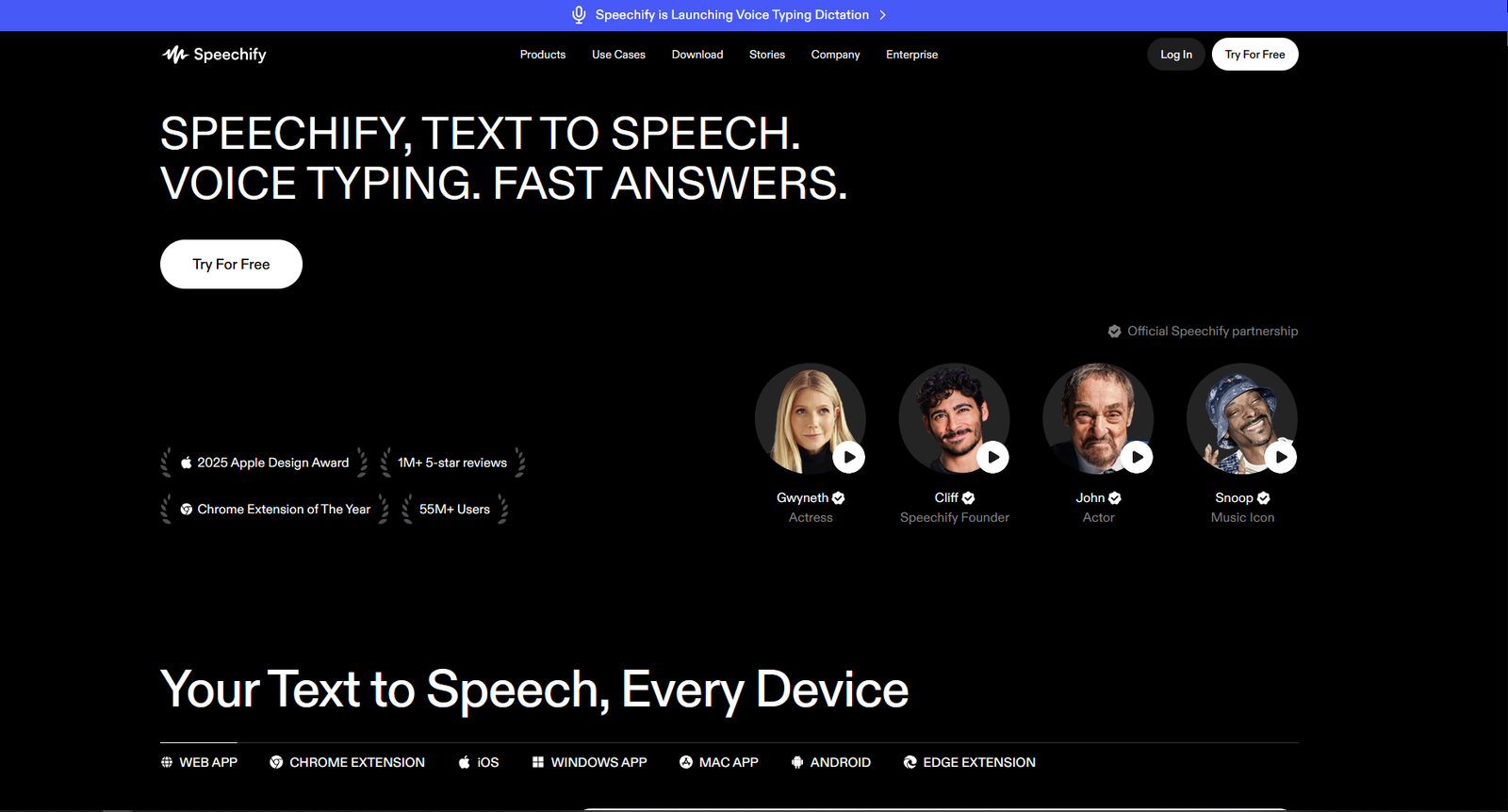 Interface d'accueil Speechify