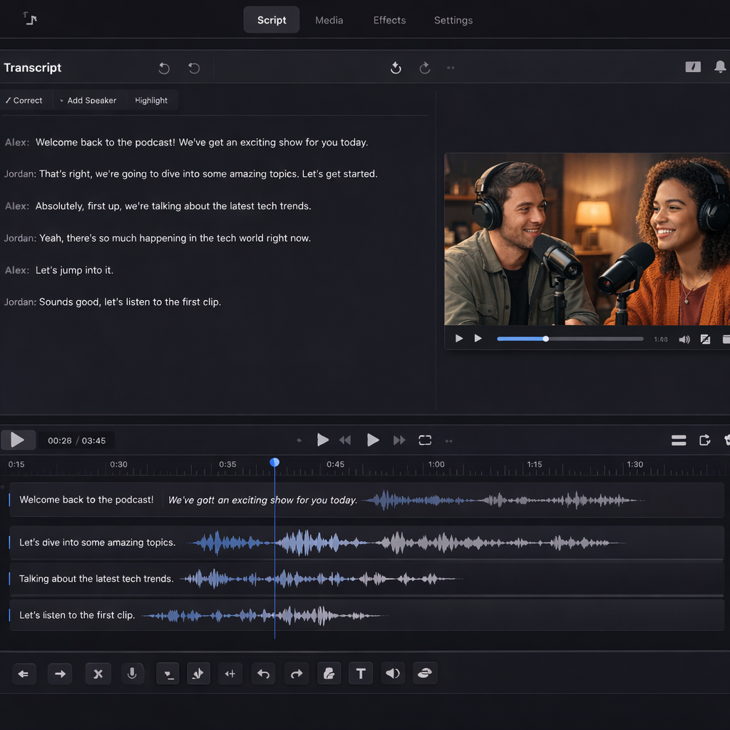 Interface Descript 2026, éditeur vidéo et audio basé sur la transcription