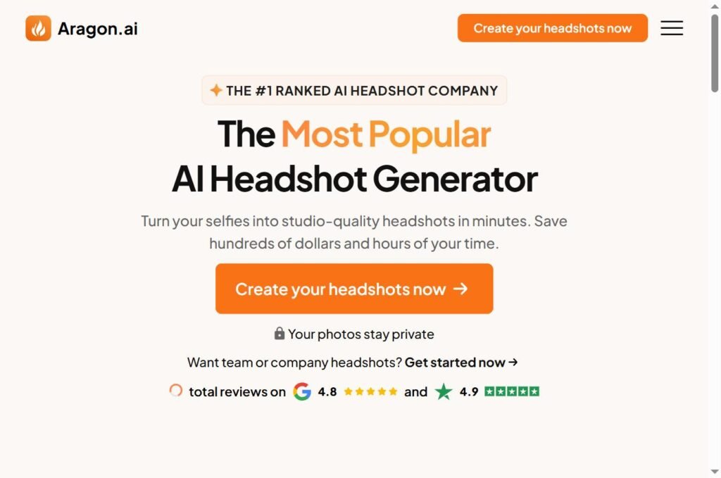 Capture d'écran du site Aragon AI - AI Headshot Generator