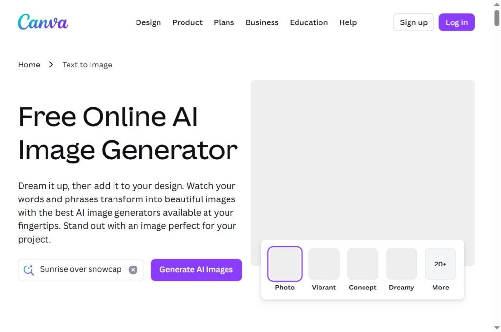 Capture d'écran du site Canva AI Image Generator