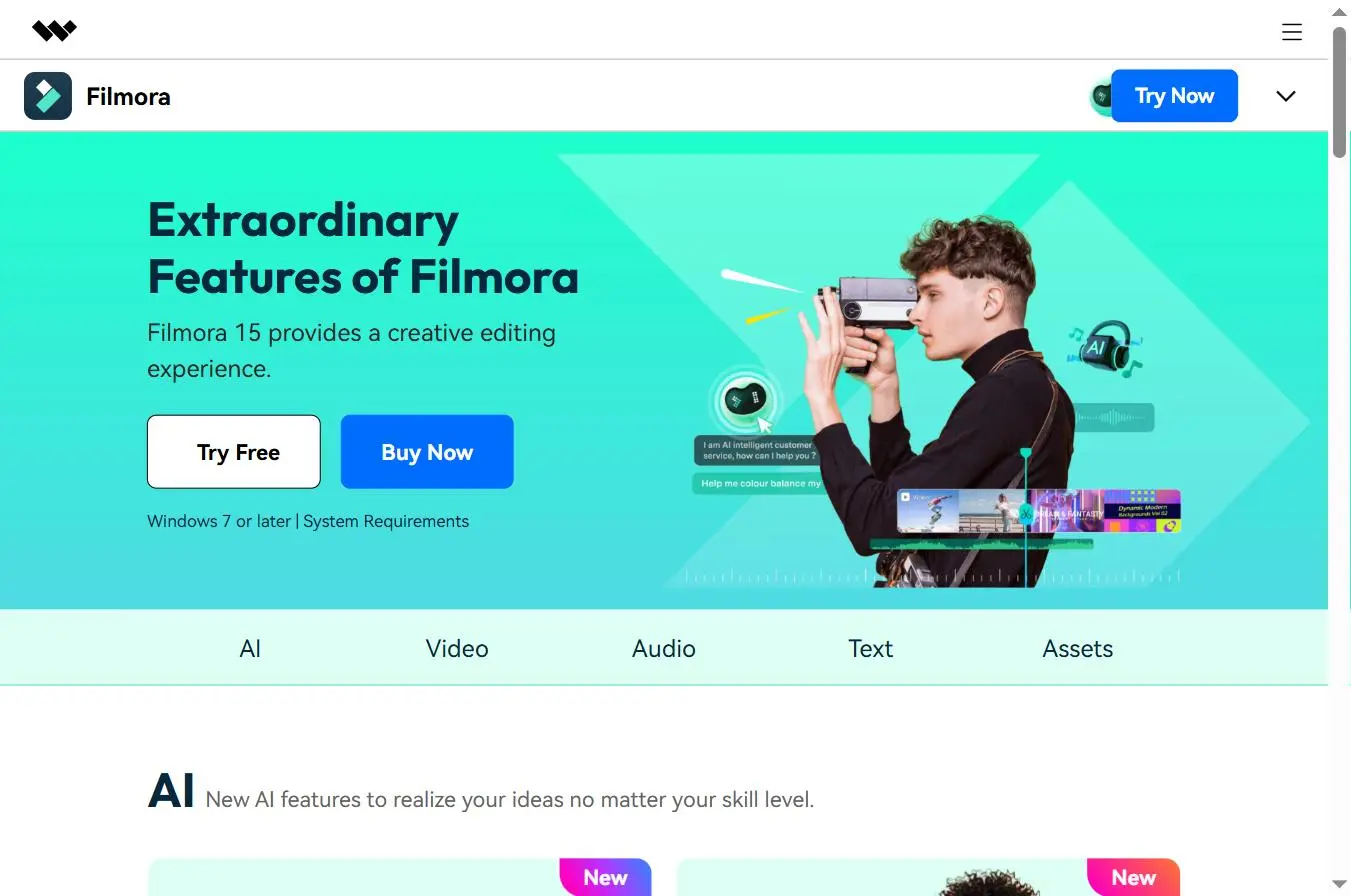 Filmora 15 - Extraordinary features : AI, Video, Audio, Text, Assets