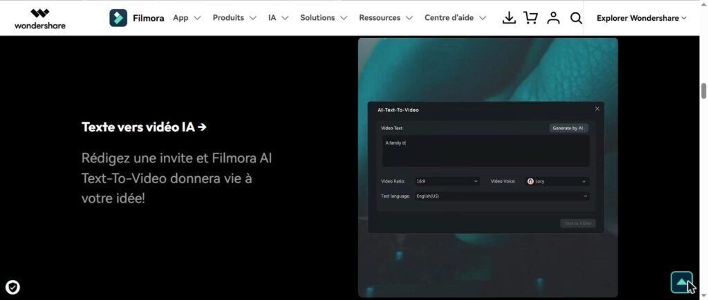 Filmora AI Text-to-Video - Interface officielle avec prompt texte et génération de clips vidéo IA