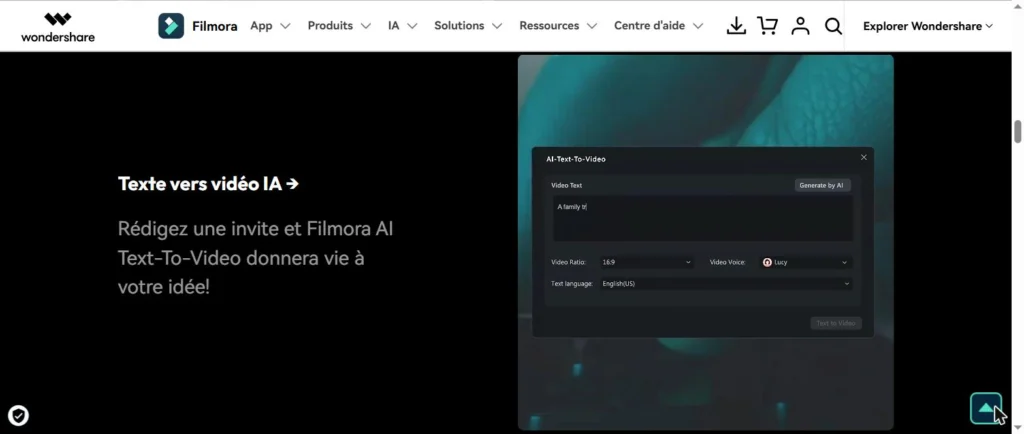 Filmora AI Text-to-Video - Official interface with quick text and video clip generation AI