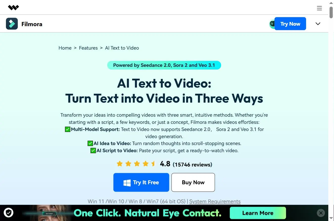 Filmora AI Text to Video - Powered by Seedance 2.0, Sora 2 and Veo 3.1