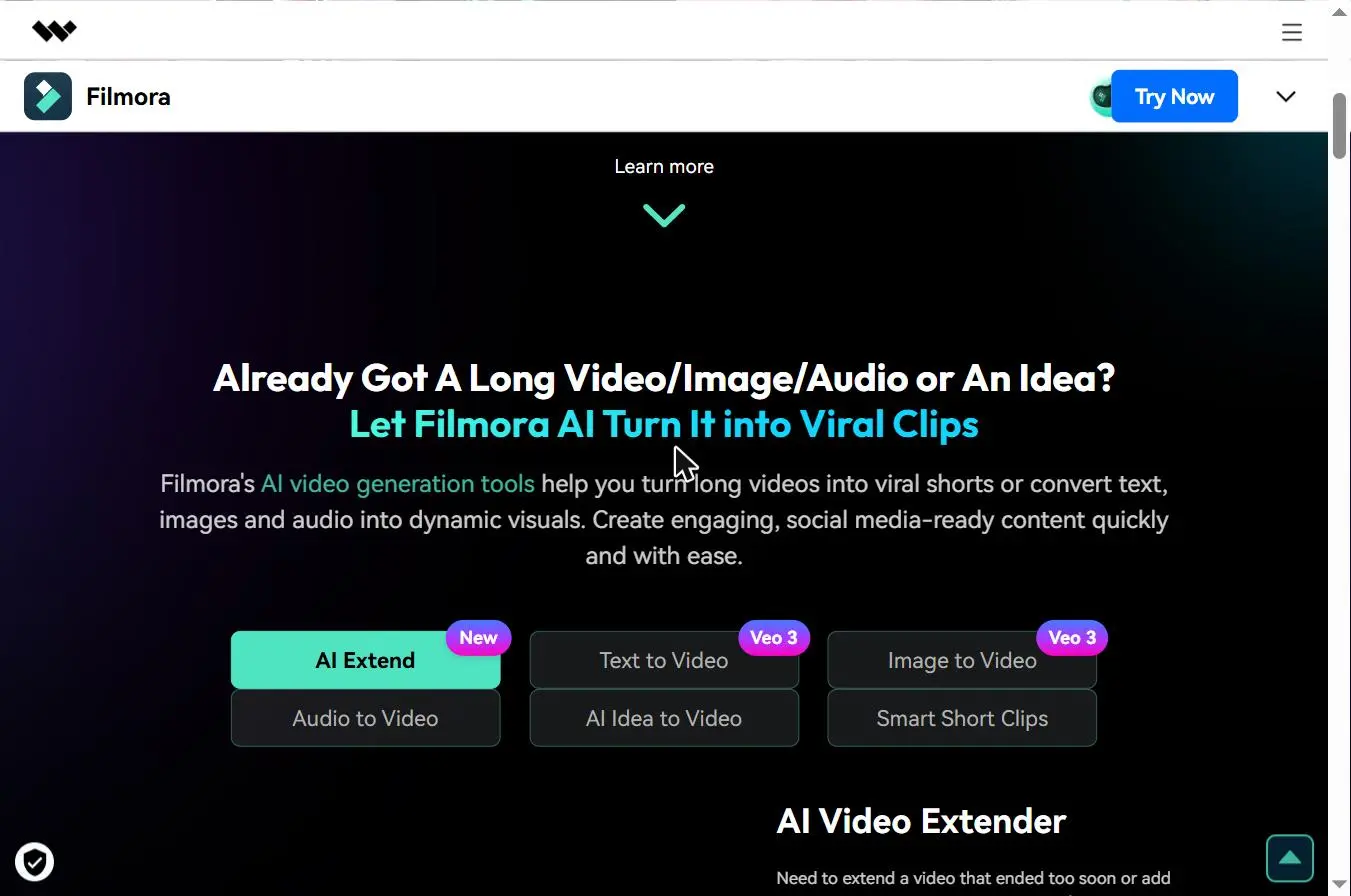 Filmora AI Video Generation Tools - AI Extend, Text to Video Veo 3, Smart Short Clips