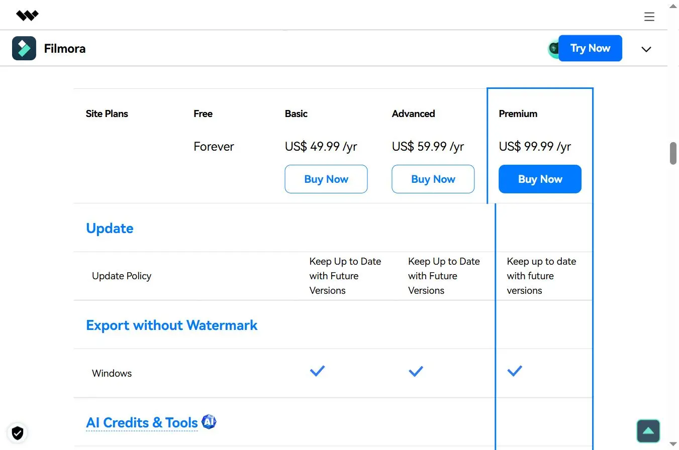 Filmora Compare All Plans - Free, Basic 49.99$/yr, Advanced 59.99$/yr, Premium 99.99$/yr
