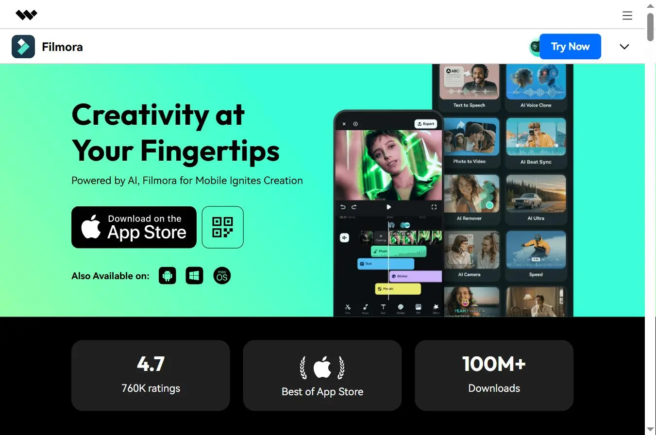 Filmora Mobile - 100M+ downloads, Best of App Store, available iOS and Android
