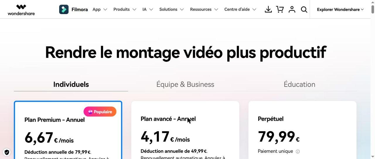 Page des plans individuels de Filmora avec les prix des abonnements