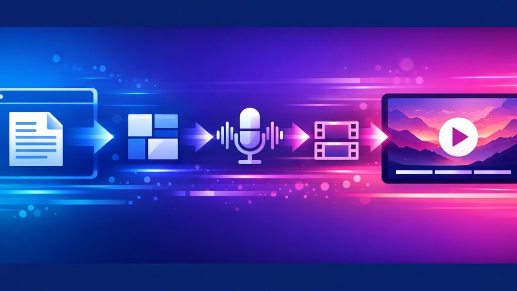 Workflow blog-to-video de Fliki AI : transformation automatique d'un article URL en vidéo complète avec voix off et stock footage