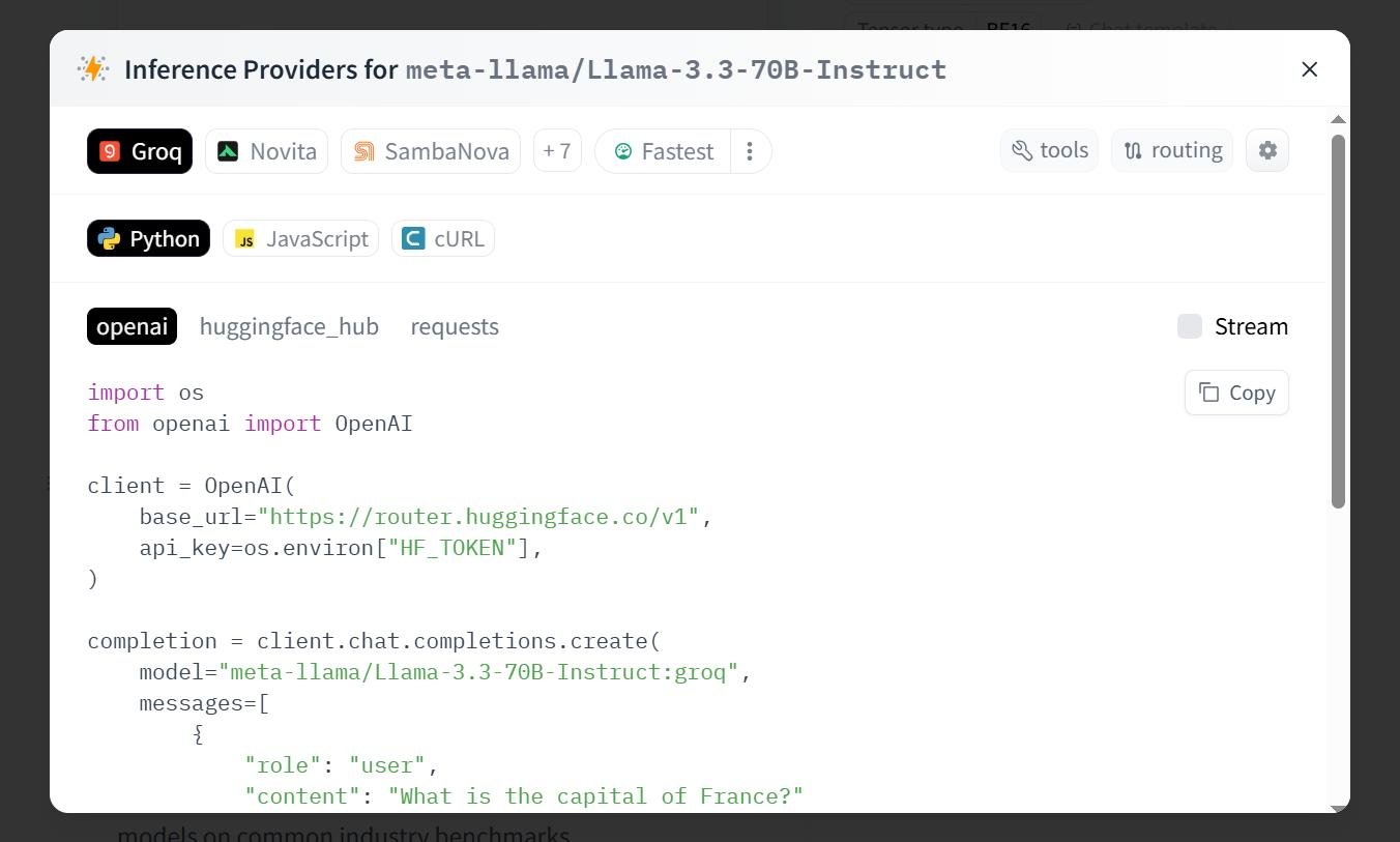 Code Python pour appeler Llama via HF Inference API avec SDK OpenAI compatible