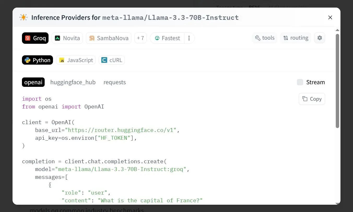 Code Python pour appeler Llama via HF Inference API avec SDK OpenAI compatible