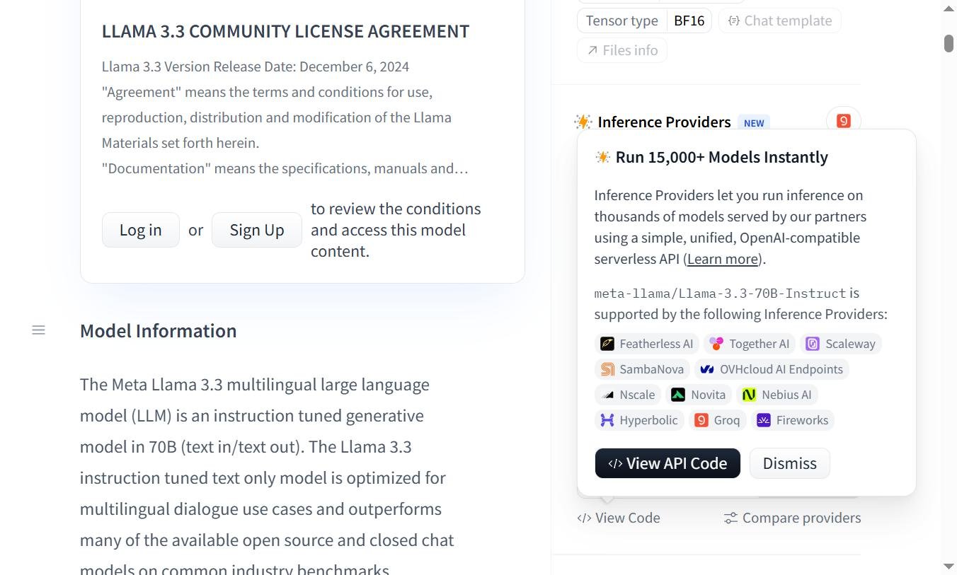 Page modèle Llama 3.3 70B sur Hugging Face avec Inference Providers disponibles