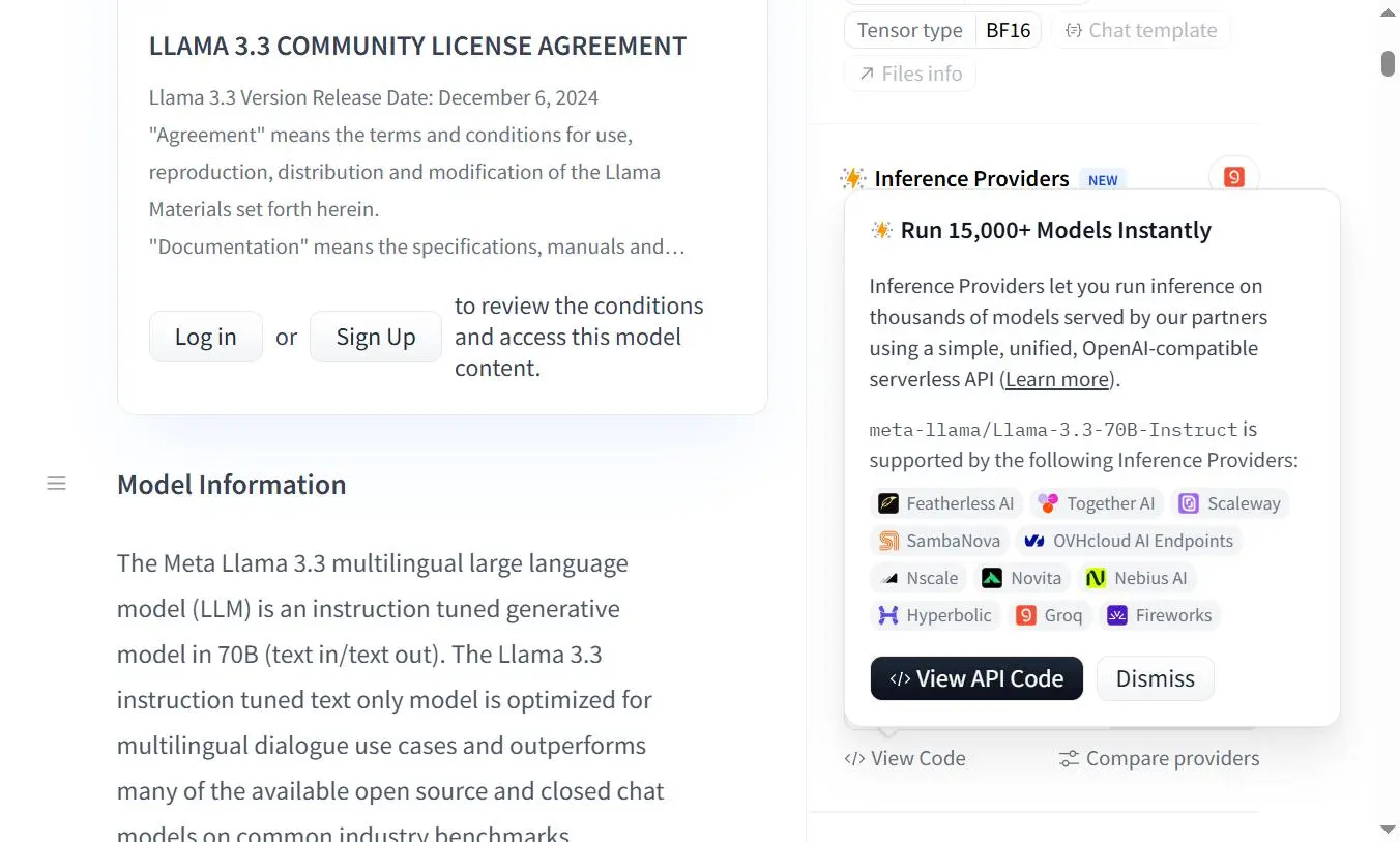 Page modèle Llama 3.3 70B sur Hugging Face avec Inference Providers disponibles