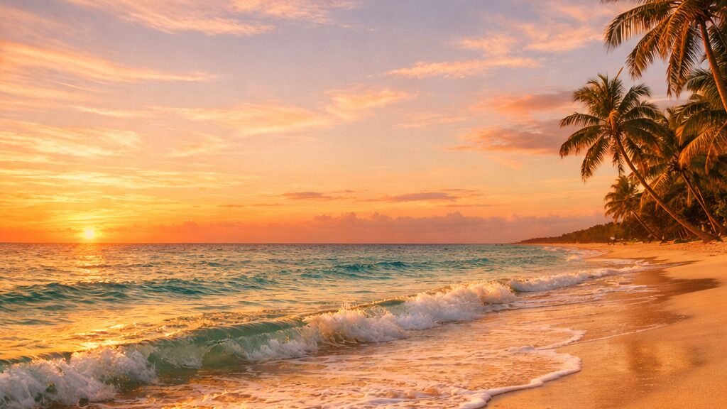Photo de plage tropicale au coucher de soleil avec palmiers et vagues : exemple d'image source à animer en vidéo avec Veo 3.1