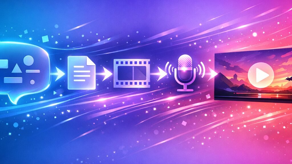 Workflow text-to-video d'InAI Video: du prompt à la vidéo complète avec script, voix off et sous-titres en 2026