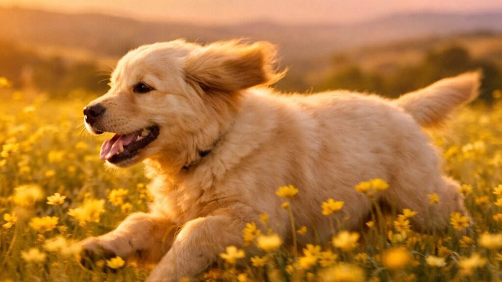 Frame d'une vidéo AI générée avec le prompt chiot golden retriever : champ de fleurs jaunes, lumière dorée du coucher de soleil, plan latéral cinématique