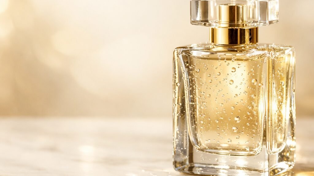 Frame d'une vidéo AI générée avec le prompt produit luxe : bouteille de parfum sur marbre, gouttelettes d'eau, éclairage studio chaud