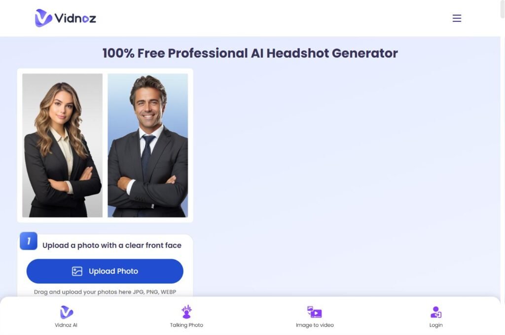 Capture d'écran du site Vidnoz AI - Free Professional AI Headshot Generator