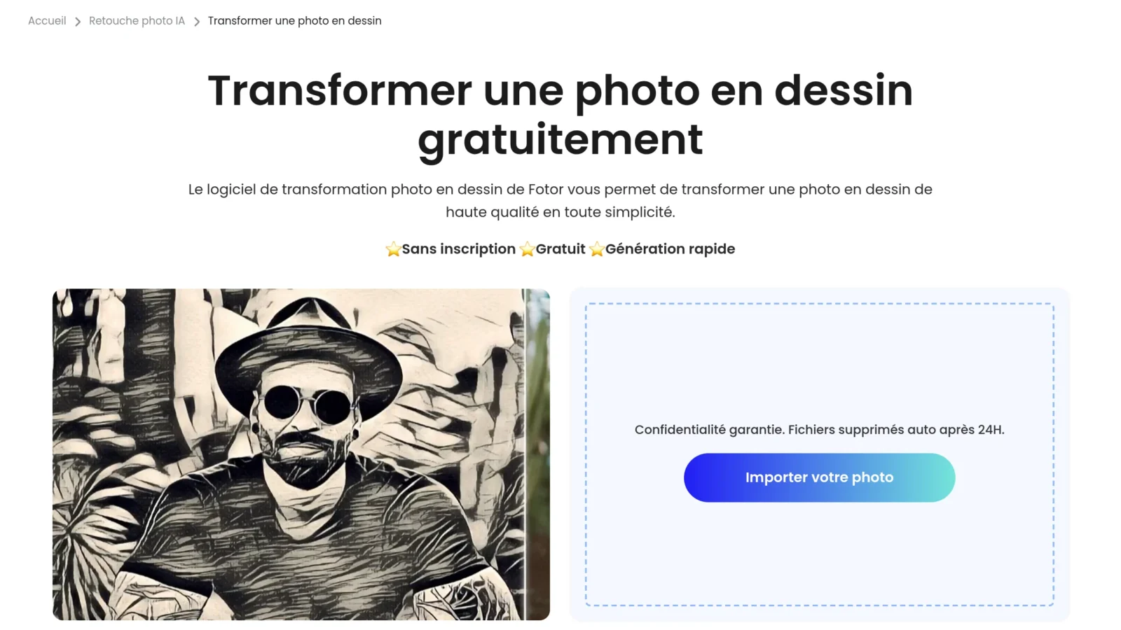 Outil Fotor pour transformer une photo en dessin avec l'IA