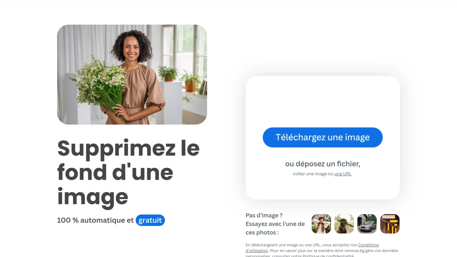 Interface de remove.bg pour enlever le fond d'une image automatiquement