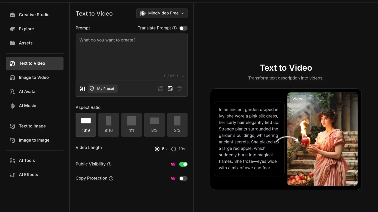 Text to video functionality from MindVideo AI