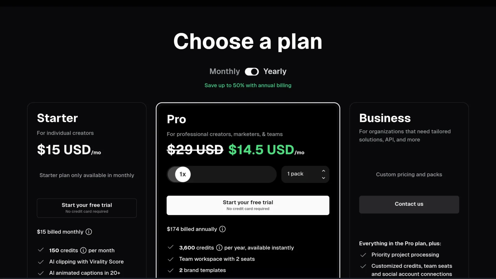 Opus Clip tariff grid: Free, Starter and Pro plans