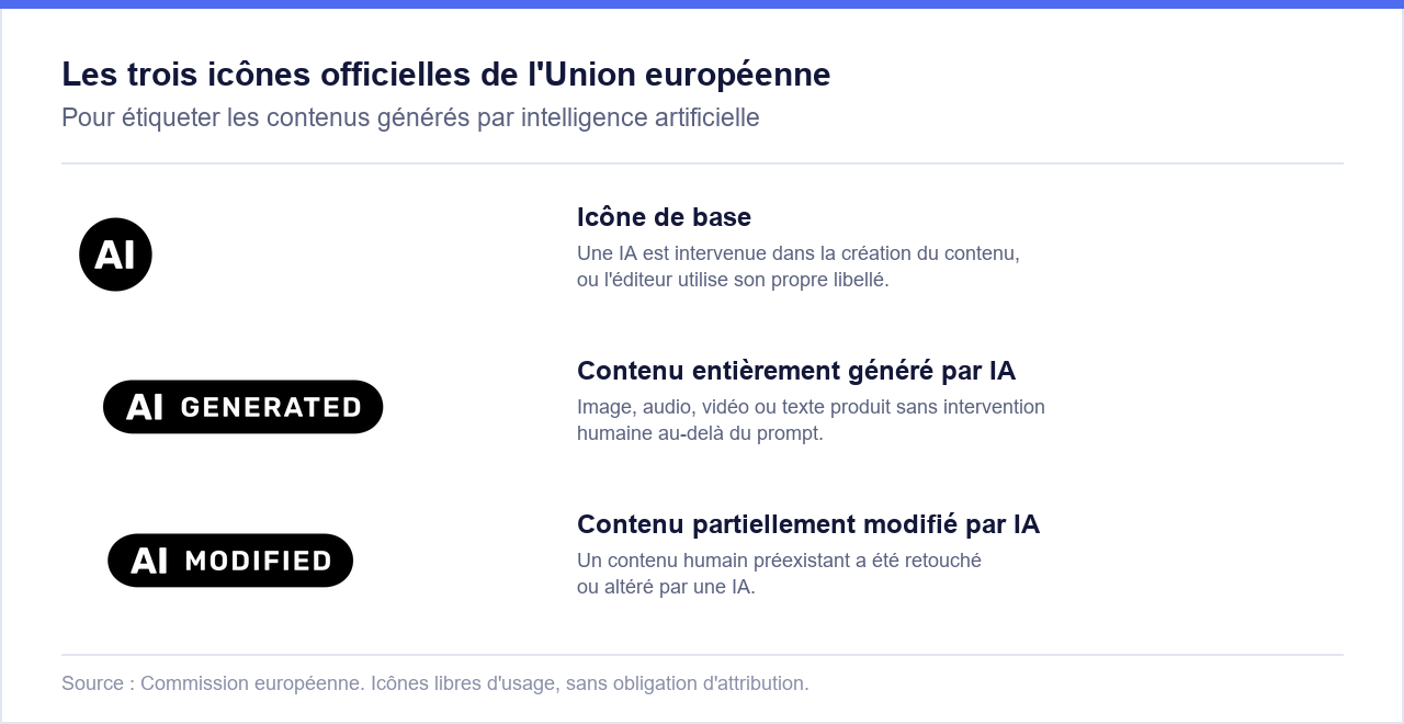 Les trois icônes officielles de l'Union européenne pour étiqueter les contenus générés par AI
