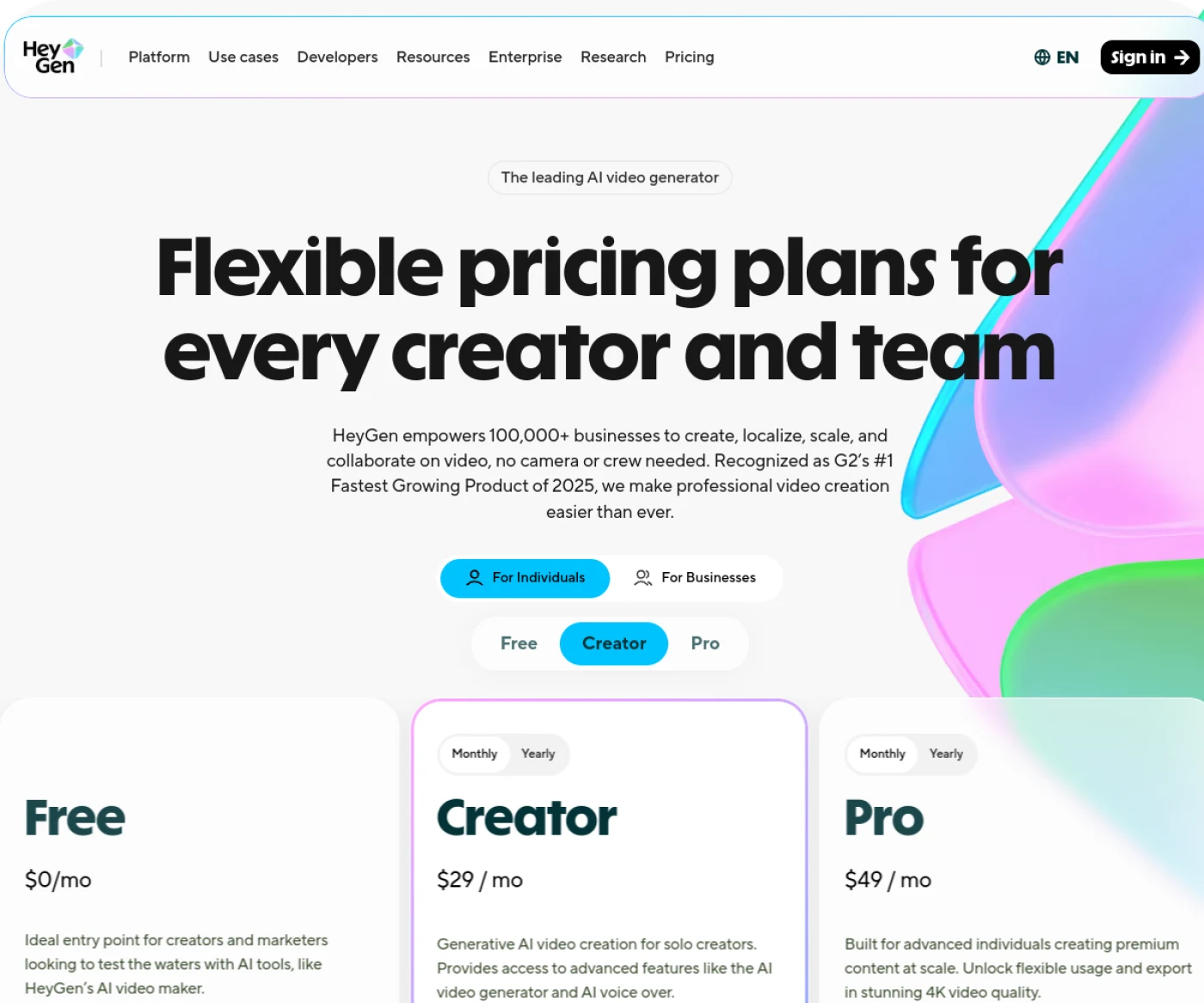 Grille tarifaire officielle de HeyGen avec les plans Free, Creator et Pro