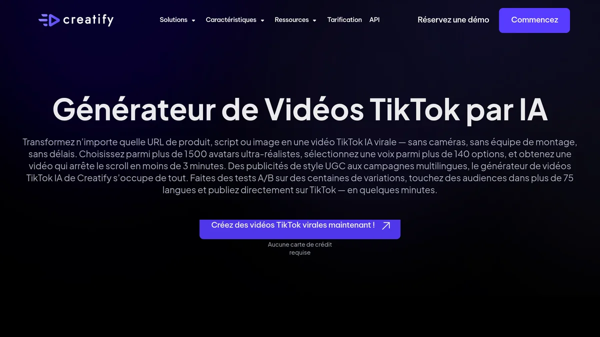 Page du générateur de vidéos TikTok par AI de Creatify en français