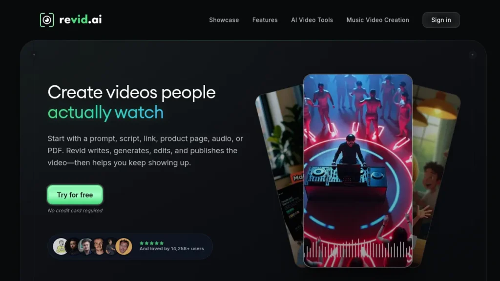 Accueil de Revid AI : créer des vidéos à partir d'un prompt, d'un lien ou d'un PDF