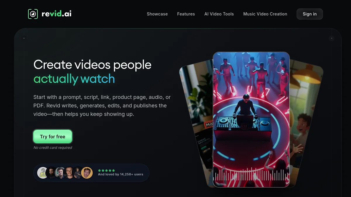 Page d'accueil de Revid AI, générateur de vidéos courtes automatisées