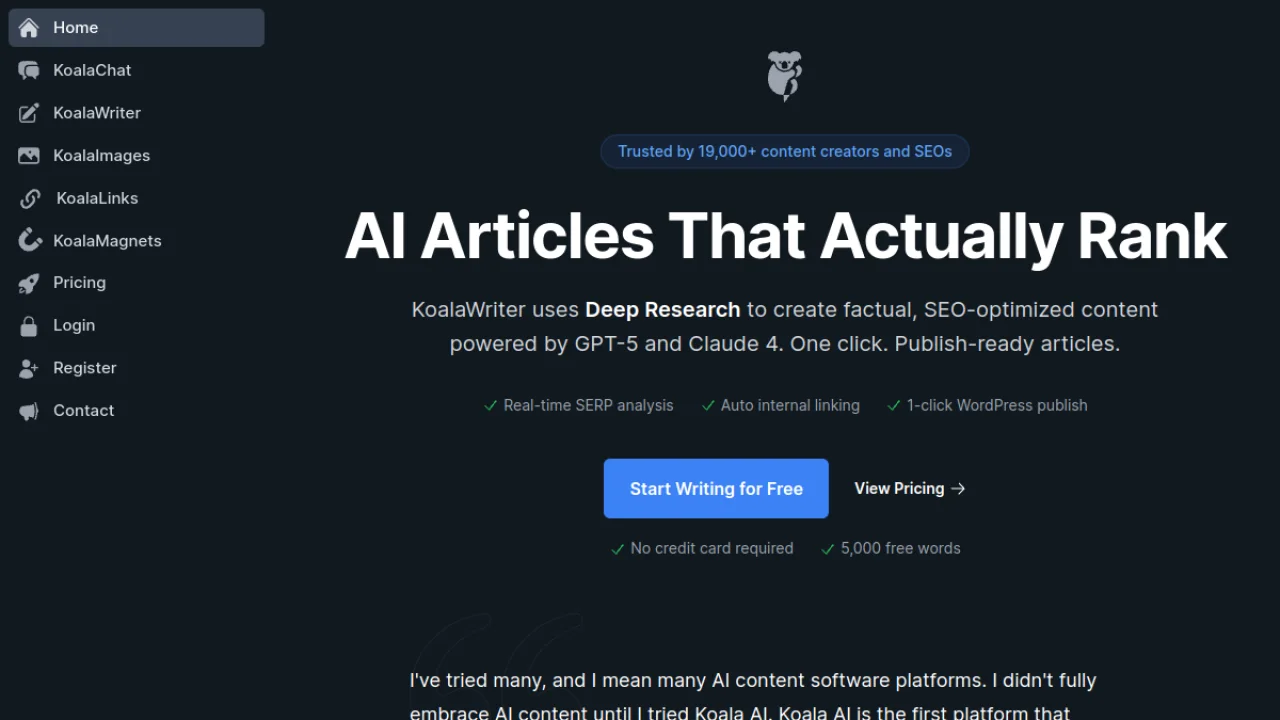 Interface de Koala AI generateur de script