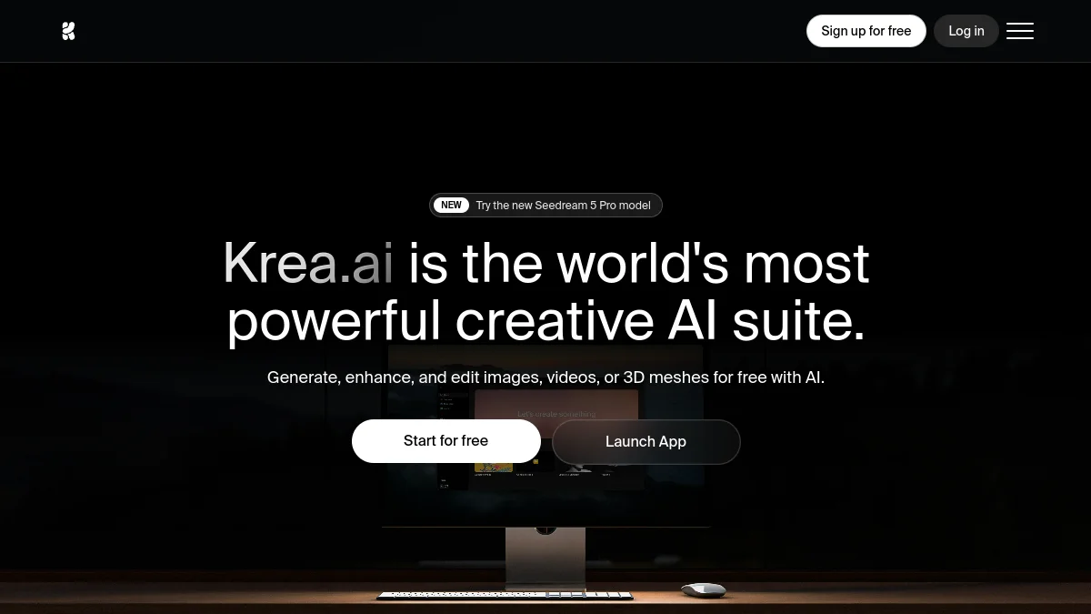 Page d'accueil de Krea AI présentant la suite créative