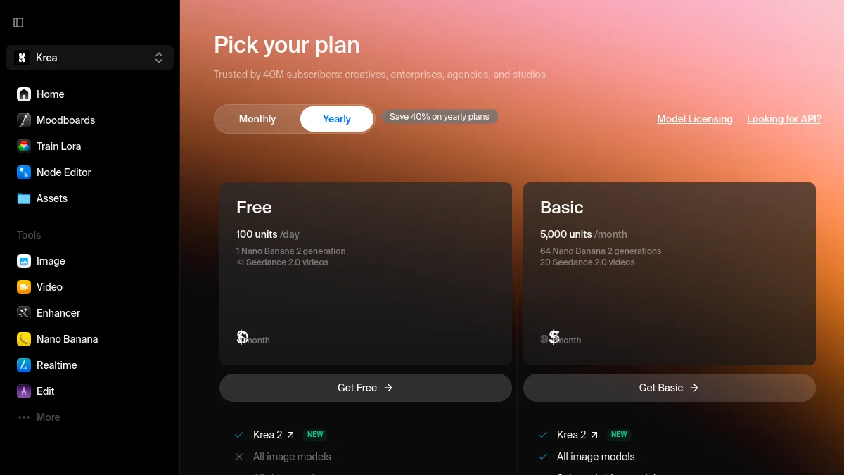 Page des tarifs de Krea AI avec les plans Free et Basic
