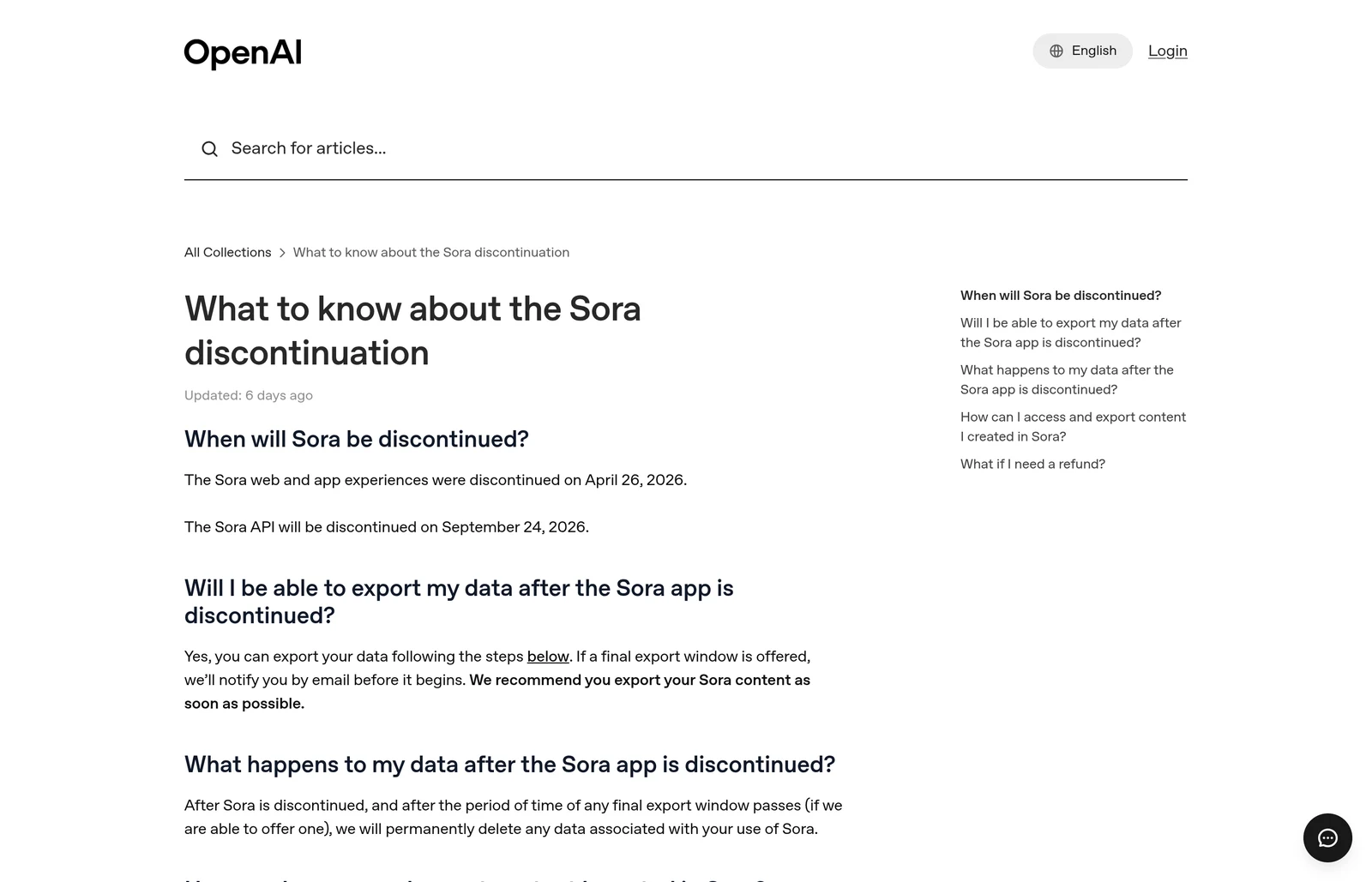 Page du centre d aide OpenAI annoncant l arret de Sora avec les dates officielles