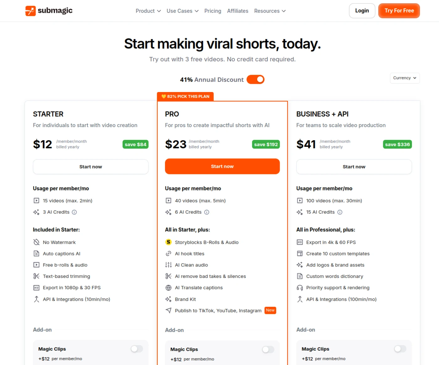 Grille tarifaire officielle de Submagic avec les formules Starter, Pro et Business