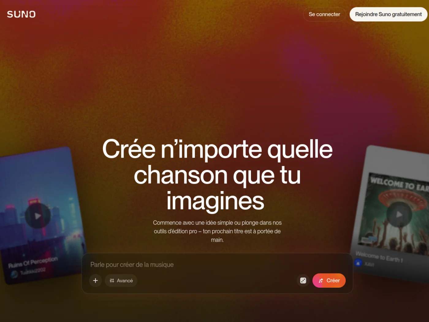 Page d accueil de Suno en français avec le champ de création de musique