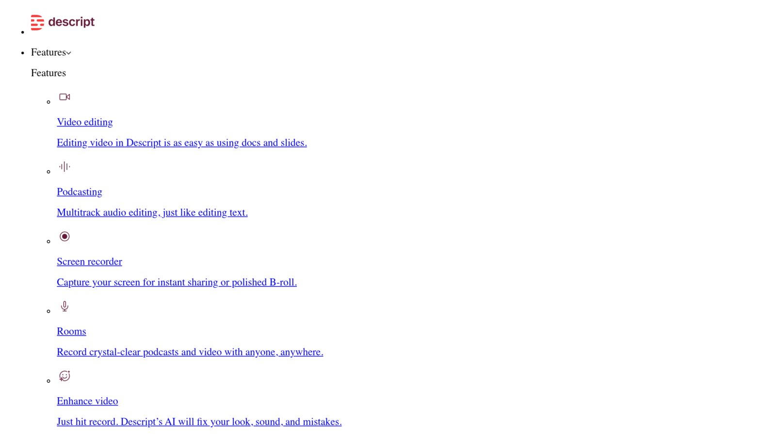 Capture de la page d'accueil de Descript en 2026