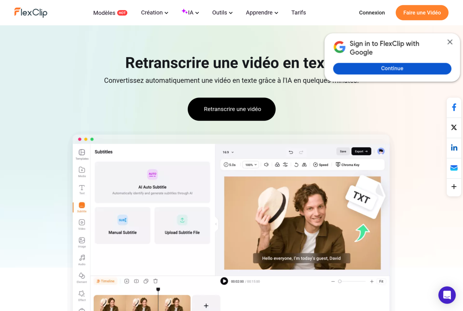 Transcription video en texte et traduction dans FlexClip