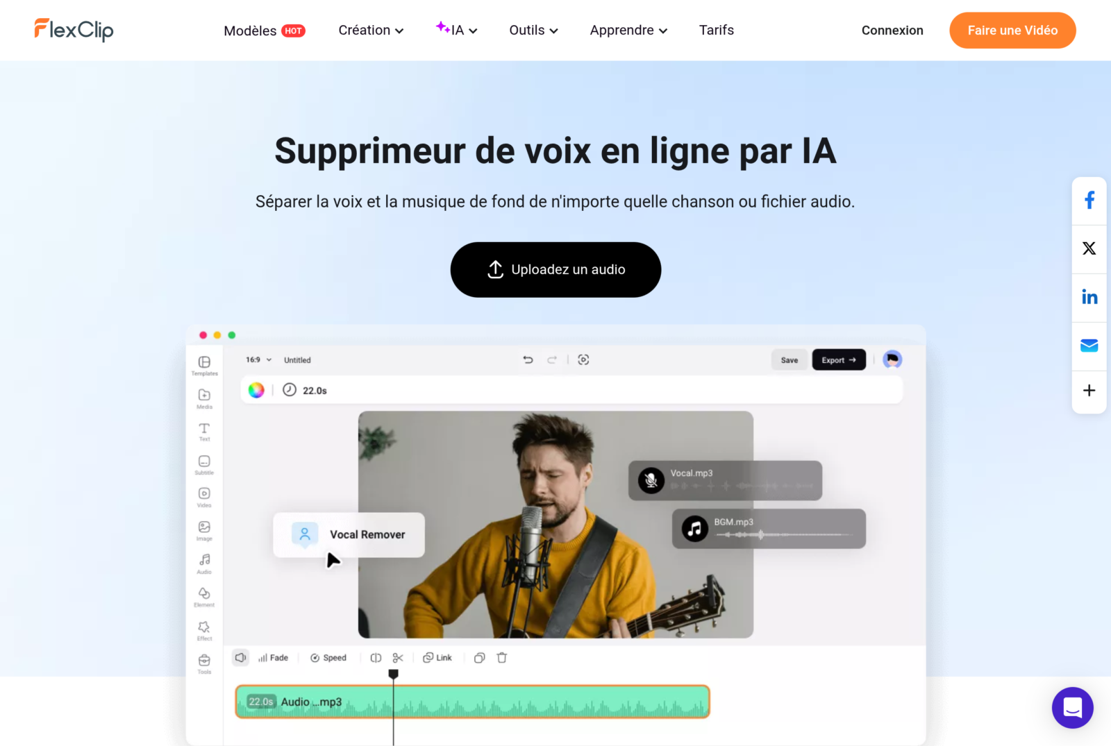 Outils audio FlexClip : extracteur de voix et reduction de bruit