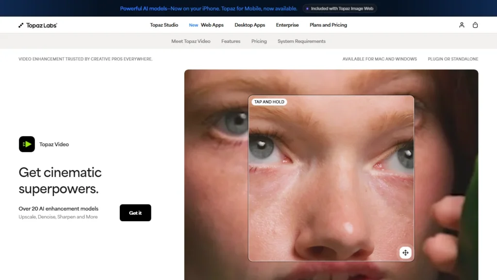 Page Topaz Video, tool video enhancement integrated in Kaiber